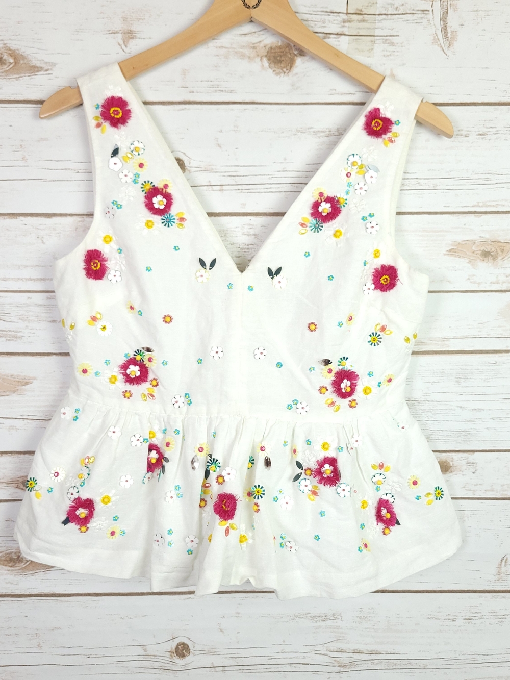 J. Crew Peplum Top Size 4 White Hand Embellished Sequin Linen Blend Sleeveless